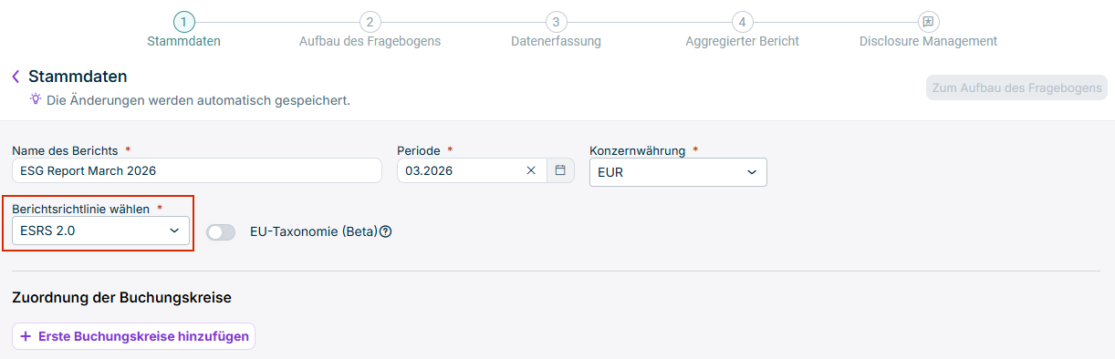 Die Stammdatenseite eines ESG-Berichts wird angezeigt. Die Option zum Wählen der Berichtsrichtlinie ist rot hervorgehoben.