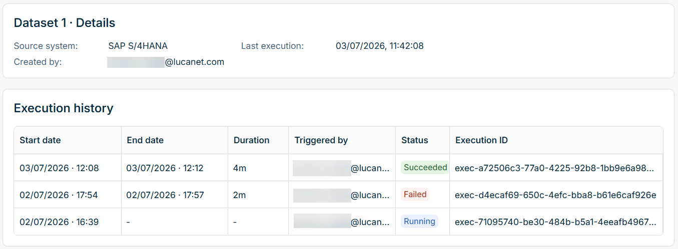 Execution details of a source dataset with the details section and the execution history table