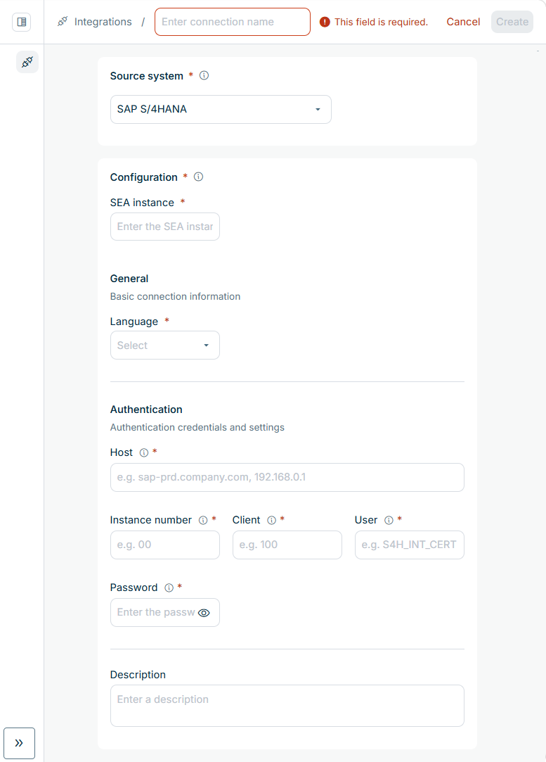 Connection settings for an SAP S/4HANA connection