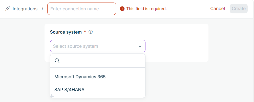 The connection form with the connection name field and the open 'Source system' drop-down list showing Microsoft Dynamics 365 and SAP S/4HANA