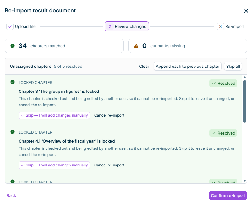 Dialog 'Re-import result document' showing the 'Review changes' step with conflict list and 'Confirm re-import' button