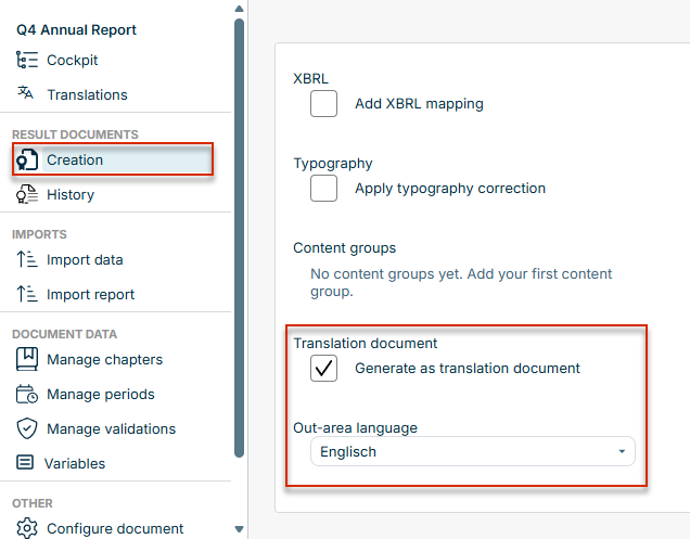 Dialog 'Create result document' with the 'Generate as translation document' option enabled