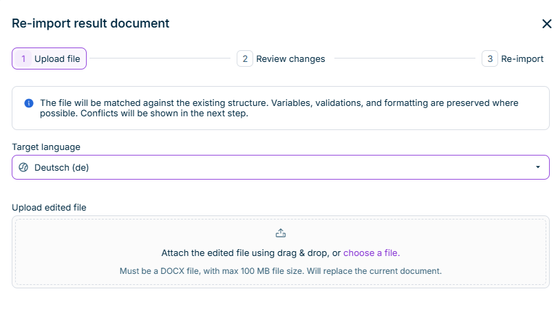 Dialog 'Re-import result document' showing the 'Upload file' step