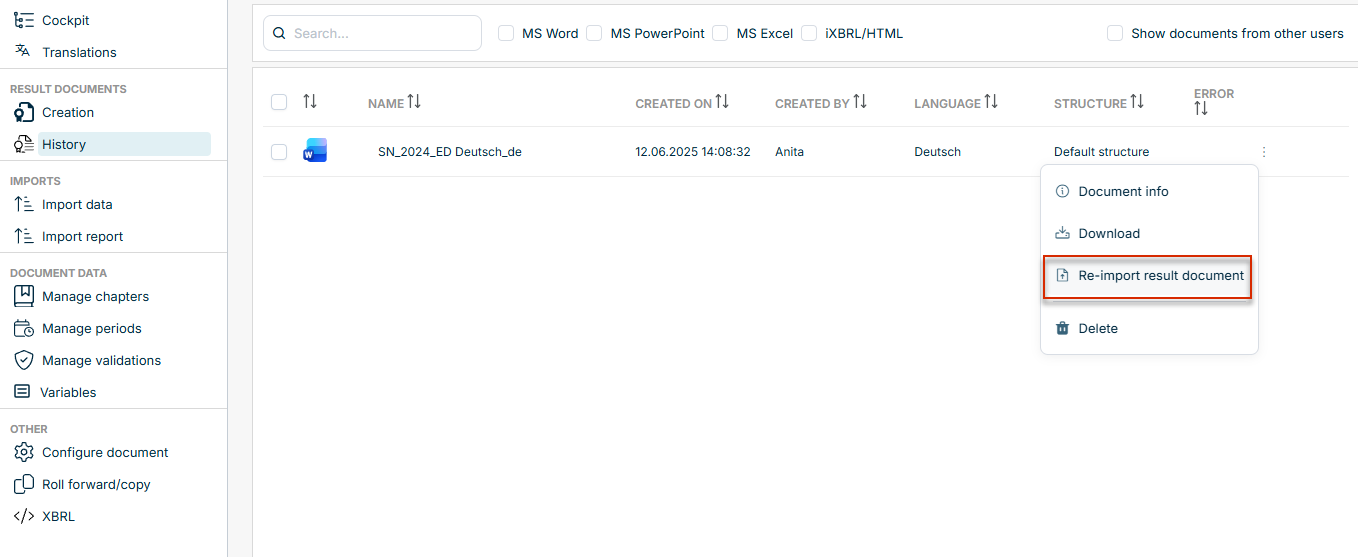 Three-dot menu in the History with the command 'Re-import result document' highlighted