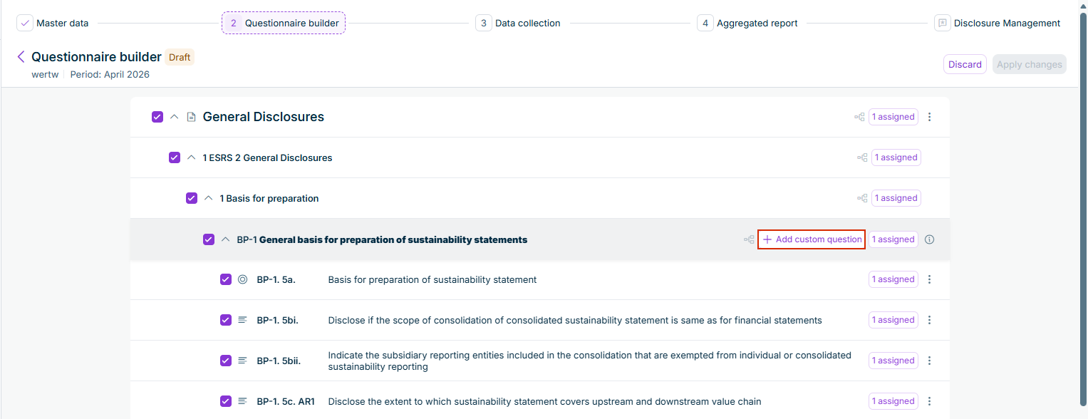 The '+ Add custom question' button is displayed on the BP-1 disclosure requirement row in the questionnaire builder.