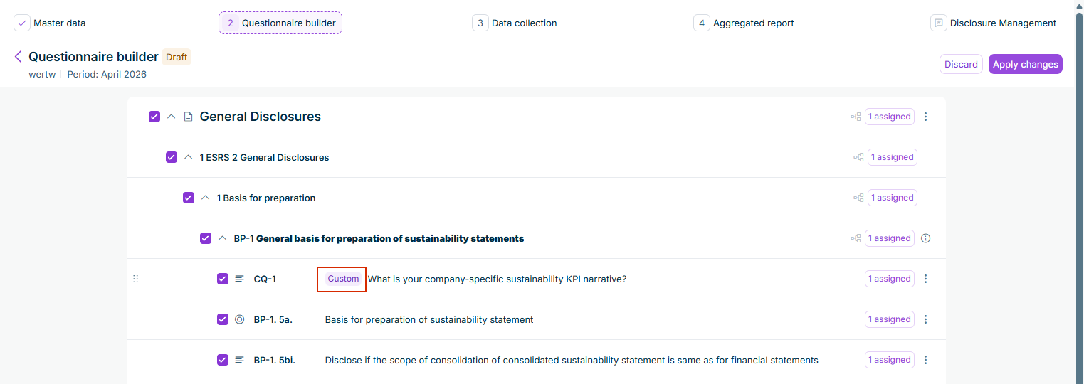 A custom question with a 'Custom' badge is displayed at the top of the questions in the BP-1 disclosure requirement, with a drag handle on the left.