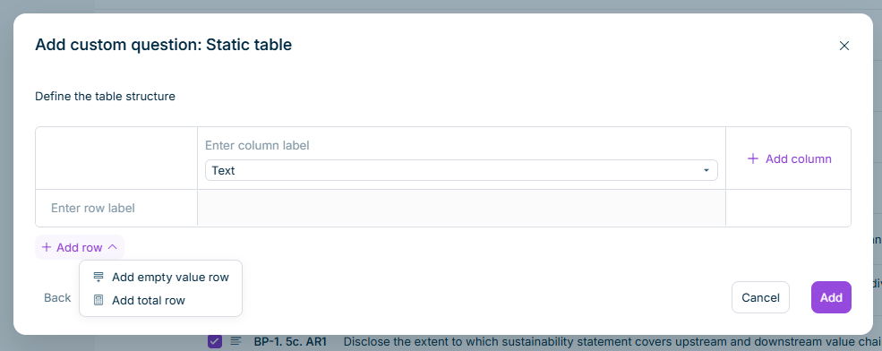 The '+ Add row' dropdown displays the options 'Add empty value row' and 'Add total row'.