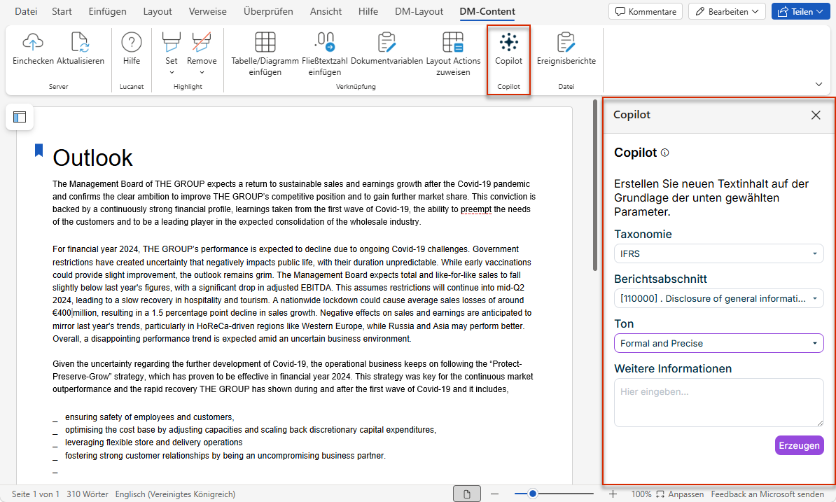 Zeigt das Copilot-Aufgabenfenster mit den Feldern Taxonomie, Berichtsabschnitt, Ton und Weitere Informationen im DM-Content-Ribbon eines Word-Dokuments.