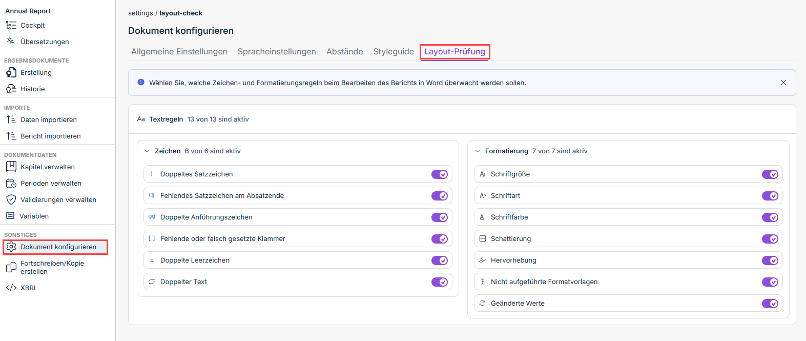 Zeigt den Reiter 'Layout-Prüfung' im Arbeitsbereich 'Dokument konfigurieren' mit den Regelgruppen 'Zeichen' und 'Formatierung' in Disclosure Management.