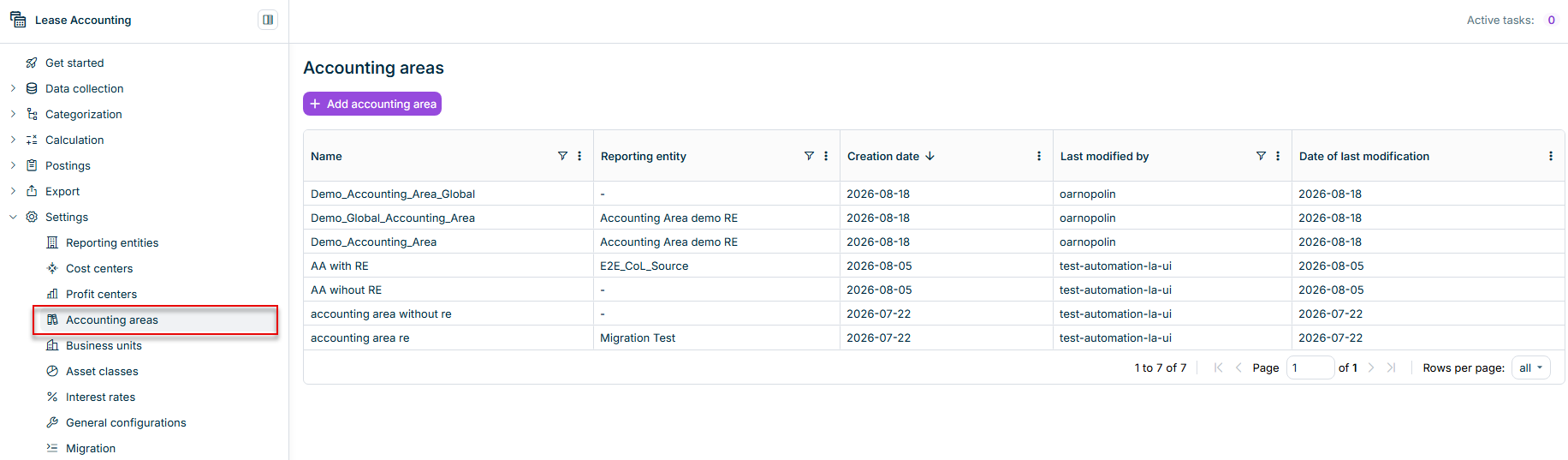 Displays the Accounting areas workspace with the table of existing accounting areas and the Add accounting area button.