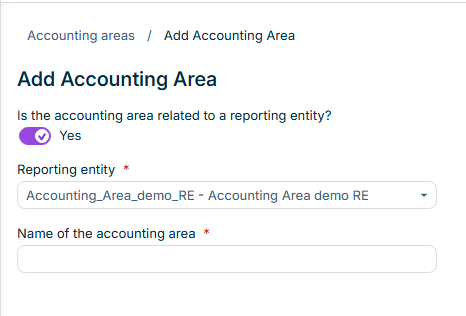 Displays the Add Accounting Area dialog with the reporting entity toggle, the reporting entity drop-down list, and the name field.