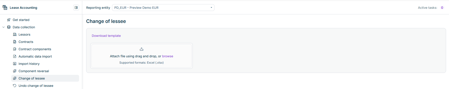 Displays the Change of lessee workspace with the Download template button and the file upload area.