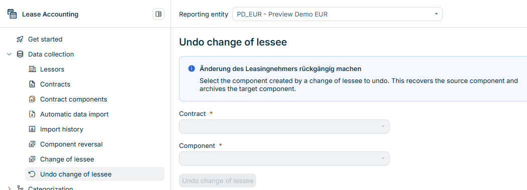 Displays the Undo change of lessee workspace with the contract and component drop-down lists.