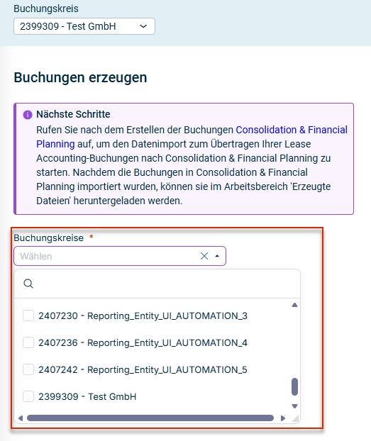 Zeigt den Arbeitsbereich „Buchungen erzeugen“ an. Rot hervorgehoben ist das Dropdown-Menü, über das mehrere Buchungskreise für das Feld „Buchungskreise“ gewählt werden können.