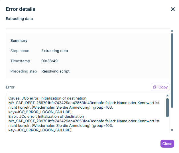 Shows the 'Error details' dialog in Data Hub for the failed step 'Extracting data'. The 'Summary' area lists the 'Step name' 'Extracting data', the 'Timestamp' '09:38:49', and the 'Preceding step' 'Resolving script'. The 'Error' box displays a logon error of the SAP source system. Above the box is the 'Copy' button. At the bottom is the 'Close' button.