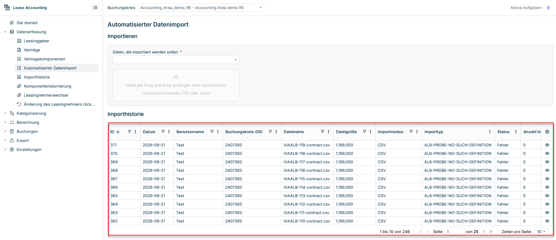 Zeigt den Abschnitt 'Importhistorie' des Arbeitsbereichs 'Automatisierter Datenimport' in Lucanet Lease Accounting mit den Spalten 'ID', 'Datum', 'Benutzername', 'Buchungskreis-OID', 'Dateiname', 'Dateigröße', 'Importmodus', 'Importtyp', 'Status' und 'Anzahl i…', in der Importe von CSV-Dateien wie 'VIAALB-119-contract.csv' mit dem Importmodus 'CSV' und dem Status 'Fehler' aufgeführt sind. Rot hervorgehoben ist die Tabelle.