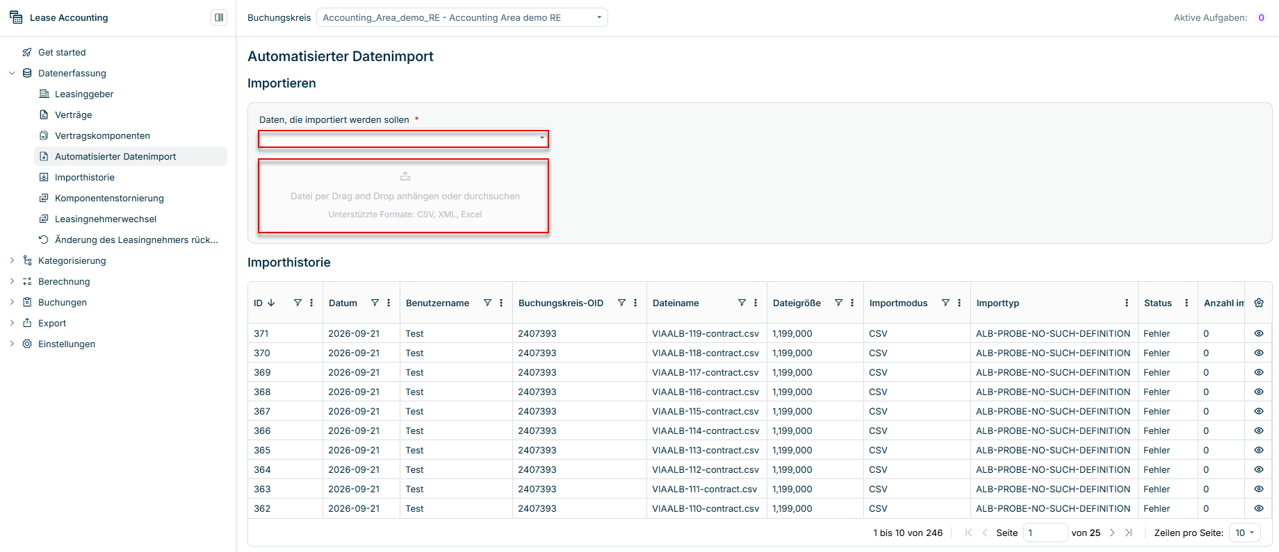 Zeigt den Arbeitsbereich 'Automatisierter Datenimport' in Lucanet Lease Accounting mit der Dropdown-Liste 'Daten, die importiert werden sollen', dem Hochladebereich mit den Texten 'Datei per Drag and Drop anhängen oder durchsuchen' und 'Unterstützte Formate: CSV, XML, Excel' sowie der Tabelle 'Importhistorie'. Rot hervorgehoben sind die Dropdown-Liste 'Daten, die importiert werden sollen' und der Hochladebereich.