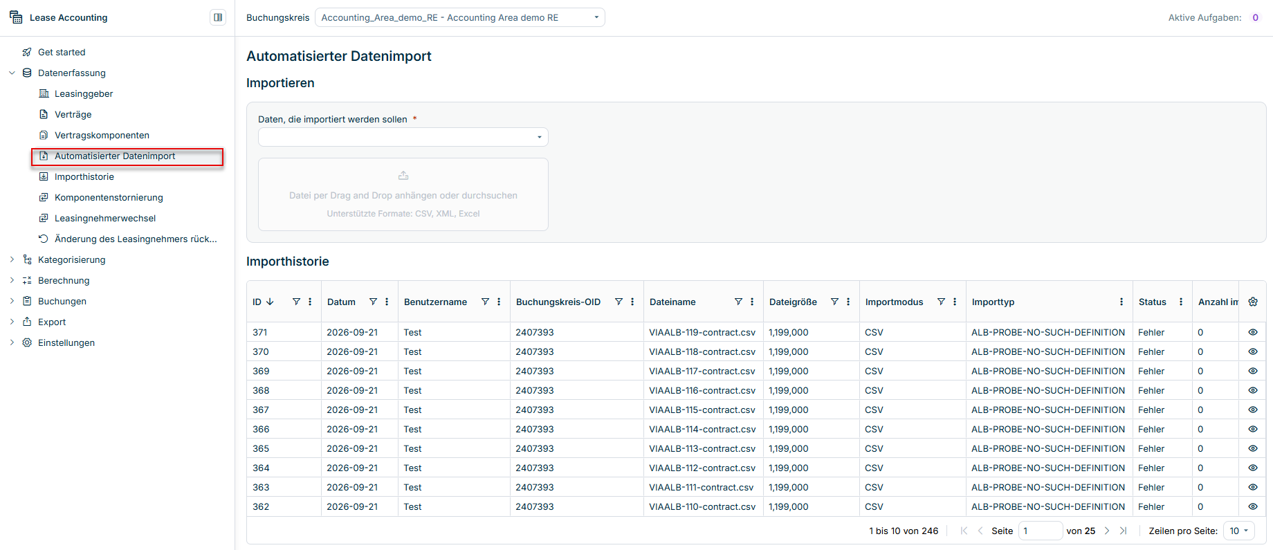 Zeigt den Arbeitsbereich 'Automatisierter Datenimport' in Lucanet Lease Accounting mit dem Abschnitt 'Importieren' mit der Dropdown-Liste 'Daten, die importiert werden sollen' und dem Hochladebereich mit den Texten 'Datei per Drag and Drop anhängen oder durchsuchen' und 'Unterstützte Formate: CSV, XML, Excel' sowie dem Abschnitt 'Importhistorie' mit den Spalten 'ID', 'Datum', 'Benutzername', 'Buchungskreis-OID', 'Dateiname', 'Dateigröße', 'Importmodus', 'Importtyp' und 'Status'. Rot hervorgehoben ist der Eintrag 'Automatisierter Datenimport' in der Navigation 'Datenerfassung'.