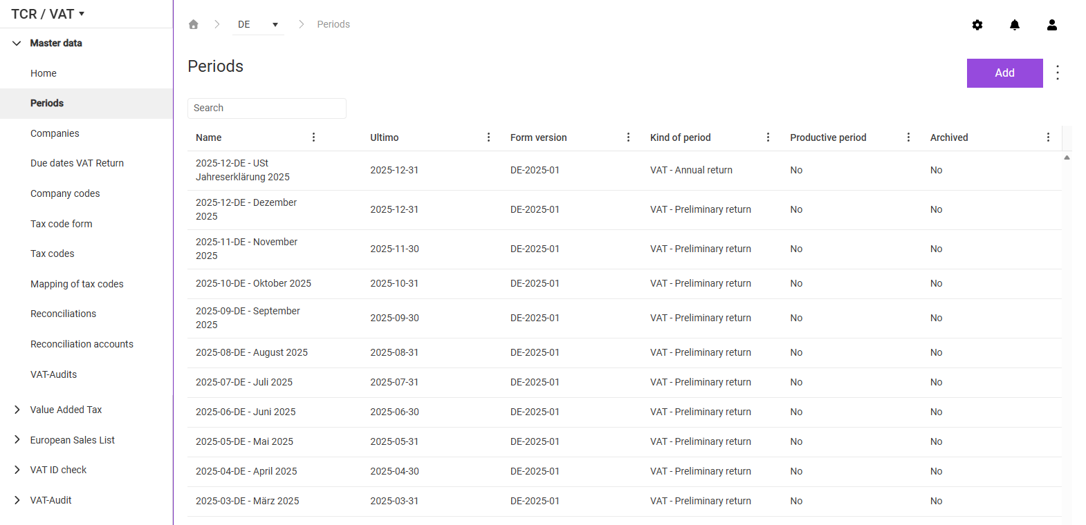 Shows the 'Periods' workspace in the 'Master data' functional area in VAT with the 'Search' field, the 'Add' button, and the columns 'Name', 'Ultimo', 'Form version', 'Kind of period', 'Productive period', and 'Archived', for example for the period '2025-12-DE - Dezember 2025' with the kind of period 'VAT - Preliminary return'. The overview on the left shows the functional areas 'Master data', 'Value Added Tax', 'European Sales List', 'VAT ID check', and 'VAT-Audit'.