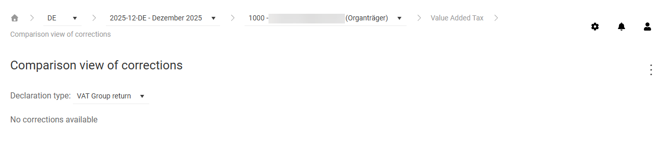 Shows the 'Comparison view of corrections' workspace in VAT for '1000 - Lucanet Holding GmbH (Organträger)' with the 'Declaration type:' drop-down list (selection 'VAT Group return') and the note 'No corrections available'.