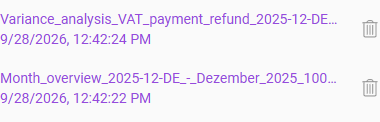 Shows an excerpt of the notifications side panel in VAT with the two finished reports 'Variance_analysis_VAT_payment_refund_2025-12-DE...' and 'Month_overview_2025-12-DE_-_Dezember_2025_100...', each with the creation time, for example '9/28/2026, 12:42:24 PM', and the trash can icon.
