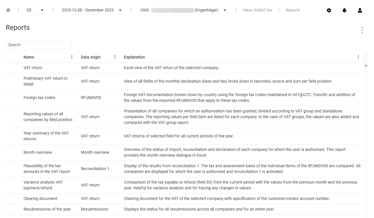 Shows the 'Reports' workspace in VAT for the company '1000 - Lucanet Holding GmbH (Organträger)' in the period '2025-12-DE - Dezember 2025' with the 'Search' field and the columns 'Name', 'Data origin', and 'Explanation'. The table lists reports such as 'VAT return', 'Preliminary VAT return in detail', 'Month overview', 'Plausibility of the tax amounts in the VAT report', 'Clearing document', and 'Resubmissions of the year' with their data origin and explanation.