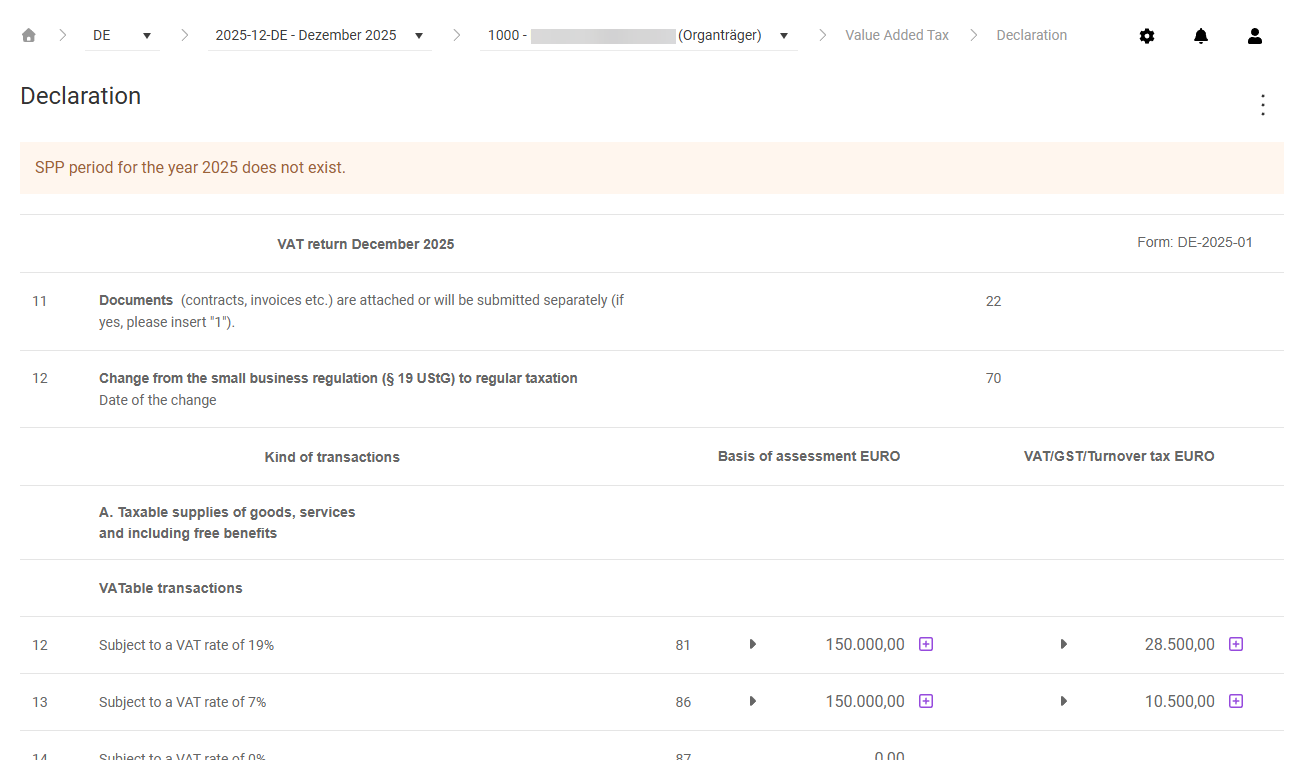 Shows the 'Declaration' workspace in VAT for the company '1000 - Lucanet Holding GmbH (Organträger)' with the note 'SPP period for the year 2025 does not exist.', the declaration form 'VAT return December 2025' of the version 'DE-2025-01', the columns 'Kind of transactions', 'Basis of assessment EURO', and 'VAT/GST/Turnover tax EURO', and field values such as '150.000,00' and '28.500,00' in row 12 'Subject to a VAT rate of 19%', each with a triangle icon in front and a plus icon behind.