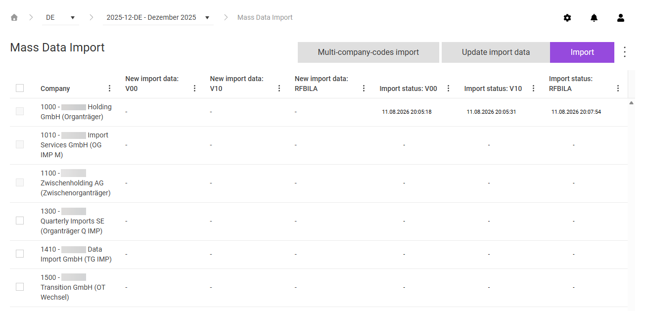 Shows the 'Mass Data Import' workspace in VAT for the period '2025-12-DE - Dezember 2025' with the buttons 'Multi-company-codes import', 'Update import data', and 'Import' in the top right corner. The table lists the companies, for example '1000 - Lucanet Holding GmbH (Organträger)' and '1010 - Lucanet Import Services GmbH (OG IMP M)', with a check box and the columns 'Company', 'New import data: V00', 'New import data: V10', 'New import data: RFBILA', 'Import status: V00', 'Import status: V10', and 'Import status: RFBILA'; for company 1000, the 'Import status' columns show time stamps such as '11.08.2026 20:05:18', all other cells show a hyphen (-).