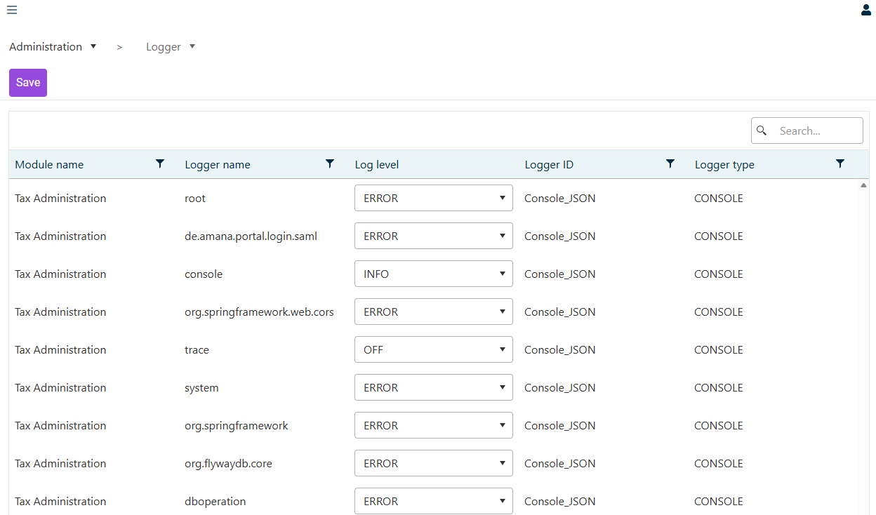 Logger workspace listing each logger by Module name, Logger name, Log level (editable drop-down list), Logger ID and Logger type