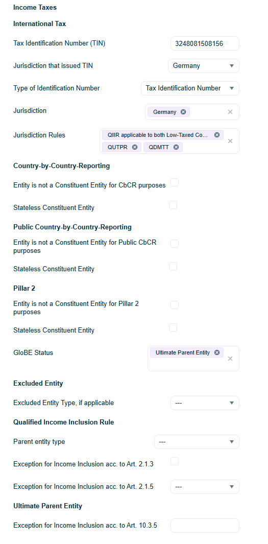 Income Taxes section of a unit detail form, showing the International Tax fields (TIN, Jurisdiction, Jurisdiction Rules), the Country-by-Country-Reporting and Public Country-by-Country-Reporting check boxes, the Pillar 2 fields with GloBE Status set to Ultimate Parent Entity, and the Excluded Entity and Qualified Income Inclusion Rule sections
