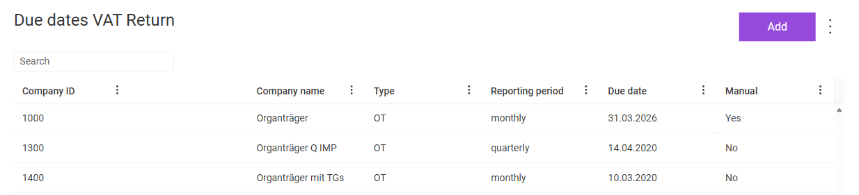 Shows the 'Due dates VAT Return' workspace in VAT with the 'Search' field, the 'Add' button, the three-dot icon, and the columns 'Company ID', 'Company name', 'Type', 'Reporting period', 'Due date', and 'Manual', for example with the company '1000 Organträger' of the type 'OT', the reporting period 'monthly', the due date '31.03.2026', and the value 'Yes' in the 'Manual' column.