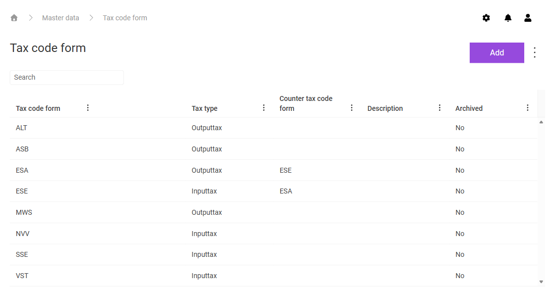 Shows the 'Tax code form' workspace in VAT with the 'Search' field, the 'Add' button, the three-dot icon, and the columns 'Tax code form', 'Tax type', 'Counter tax code form', 'Description', and 'Archived'. The table shows, for example, the tax code forms 'ESA' with the tax type 'Outputtax' and the counter tax code form 'ESE', 'ESE' with the tax type 'Inputtax' and the counter tax code form 'ESA', 'MWS' with the tax type 'Outputtax', and 'VST' with the tax type 'Inputtax'.