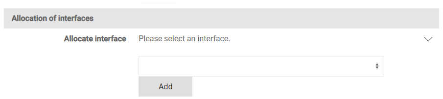 Shows the 'Allocation of interfaces' area of the detail view of a company in VAT with the 'Allocate interface' drop-down list and the 'Add' button.