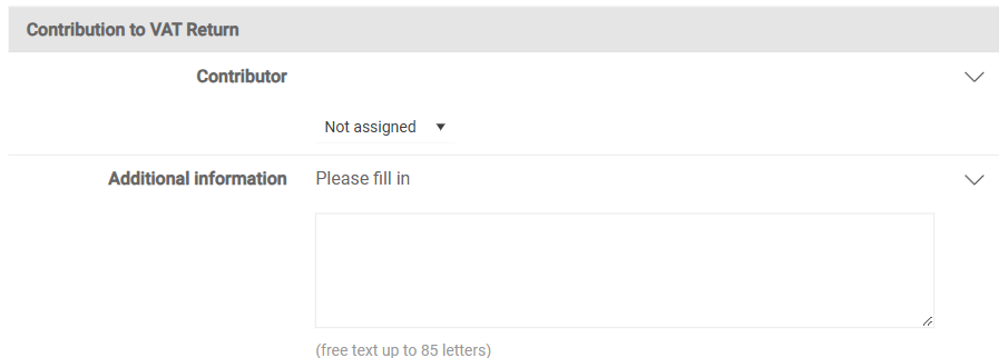 Shows the 'Contribution to VAT Return' area of the detail view of a company in VAT with the 'Contributor' drop-down list with the value 'Not assigned' and the 'Additional information' free-text field for up to 85 characters.
