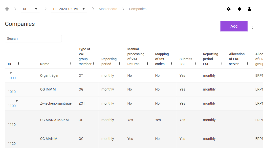 Shows the 'Companies' workspace in VAT for the period 'DE_2020_02_VA' with the 'Search' field, the 'Add' button, the three-dot icon, and the columns 'ID', 'Name', 'Type of VAT group member', 'Reporting period', 'Manual processing of VAT Returns', 'Mapping of tax codes', 'Submits ESL', 'Reporting period ESL', and 'Allocation of ERP server'. The table shows, for example, the representative VAT group member '1000' with the type of VAT group member 'OT', below it the consolidated VAT group member '1100' with the type of VAT group member 'ZOT', and several VAT group members with the type of VAT group member 'OG'.