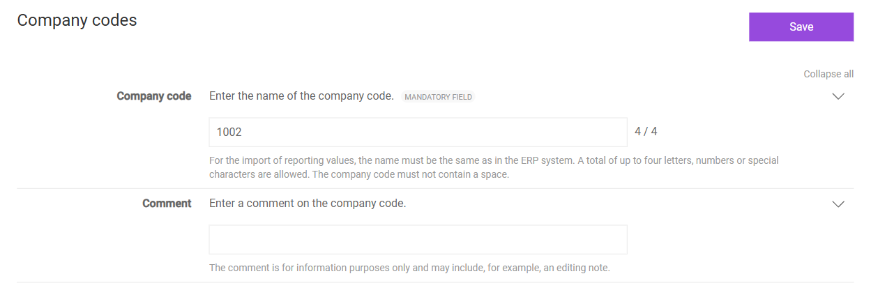 Shows the page for creating a company code in VAT with the 'Save' button, the mandatory field 'Company code' with the value '1002' and the character counter '4 / 4', and the 'Comment' field.
