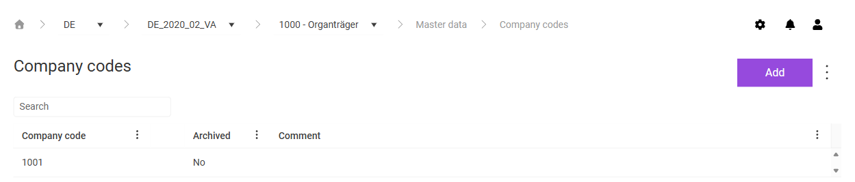 Shows the 'Company codes' workspace in VAT for the company '1000 - Organträger' in the period 'DE_2020_02_VA' with the 'Search' field, the 'Add' button, the three-dot icon, and the columns 'Company code', 'Archived', and 'Comment', for example with the company code '1001'.