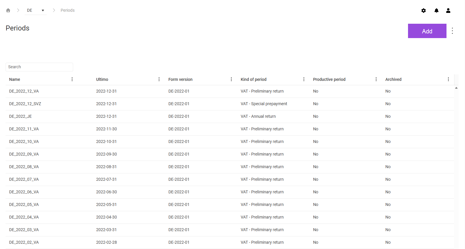 Shows the 'Periods' workspace in the 'Master data' functional area in VAT with the 'Search' field, the 'Add' button, the three-dot icon, and the columns 'Name', 'Ultimo', 'Form version', 'Kind of period', 'Productive period', and 'Archived', for example with the period 'DE_2022_12_VA' and the kind of period 'VAT - Preliminary return'.