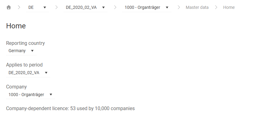 Shows the 'Home' workspace in VAT with the drop-down lists 'Reporting country' with the value 'Germany', 'Applies to period' with the value 'DE_2020_02_VA', and 'Company' with the value '1000 - Organträger', as well as the information 'Company-dependent licence: 53 used by 10,000 companies'.