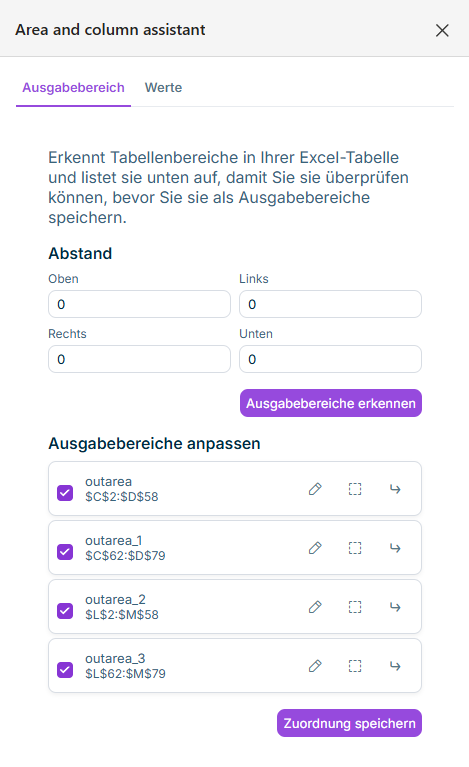 Zeigt das Aufgabenfenster 'Bereichs- und Spaltenassistent' mit dem Reiter 'Ausgabebereich', dem Bereich 'Abstand' und der Schaltfläche 'Ausgabebereiche erkennen'.