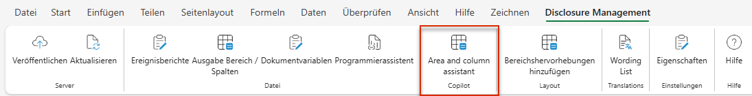 Ausschnitt aus dem Excel-Ribbon mit der Schaltfläche 'Bereichs- und Spaltenassistent' im Bereich 'Copilot'.