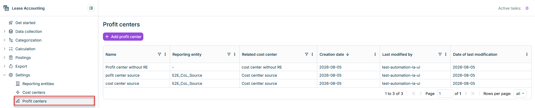 Displays the Profit centers workspace with the table of existing profit centers and the Add profit center button.
