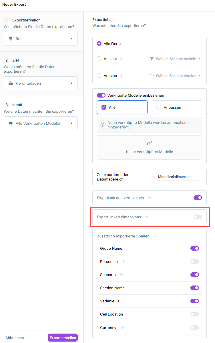 Zeigt die Seite 'Inhalt' des Export-Dialogs mit der neuen Option 'Verknüpfte Dimensionen exportieren', rot hervorgehoben.