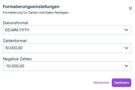 Zeigt den Dialog 'Formatierungseinstellungen' mit den Dropdown-Listen 'Datumsformat', 'Zahlenformat' und 'Negative Zahlen'.