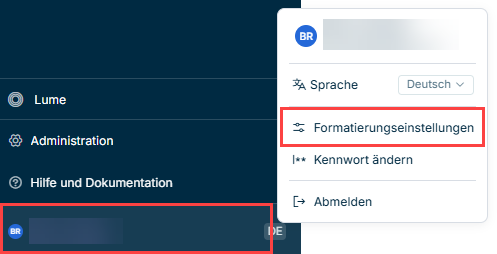 Zeigt das Benutzerkonto-Menü am unteren Rand des Hauptmenüs. Rot hervorgehoben sind der Bereich 'Benutzerkonto' und die Option 'Formatierungseinstellungen'.