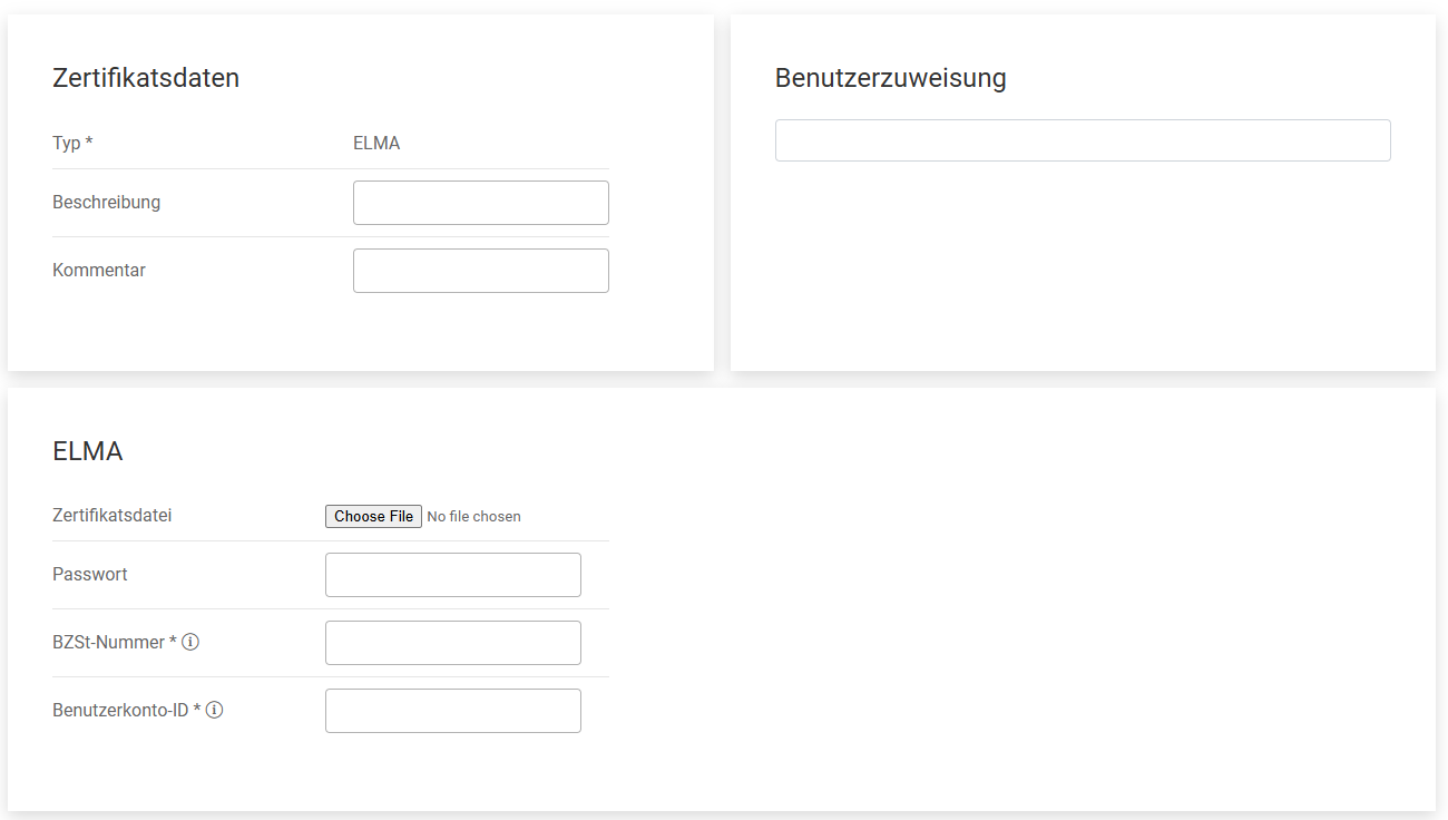 Eingabemaske für ELMA-Zertifikat