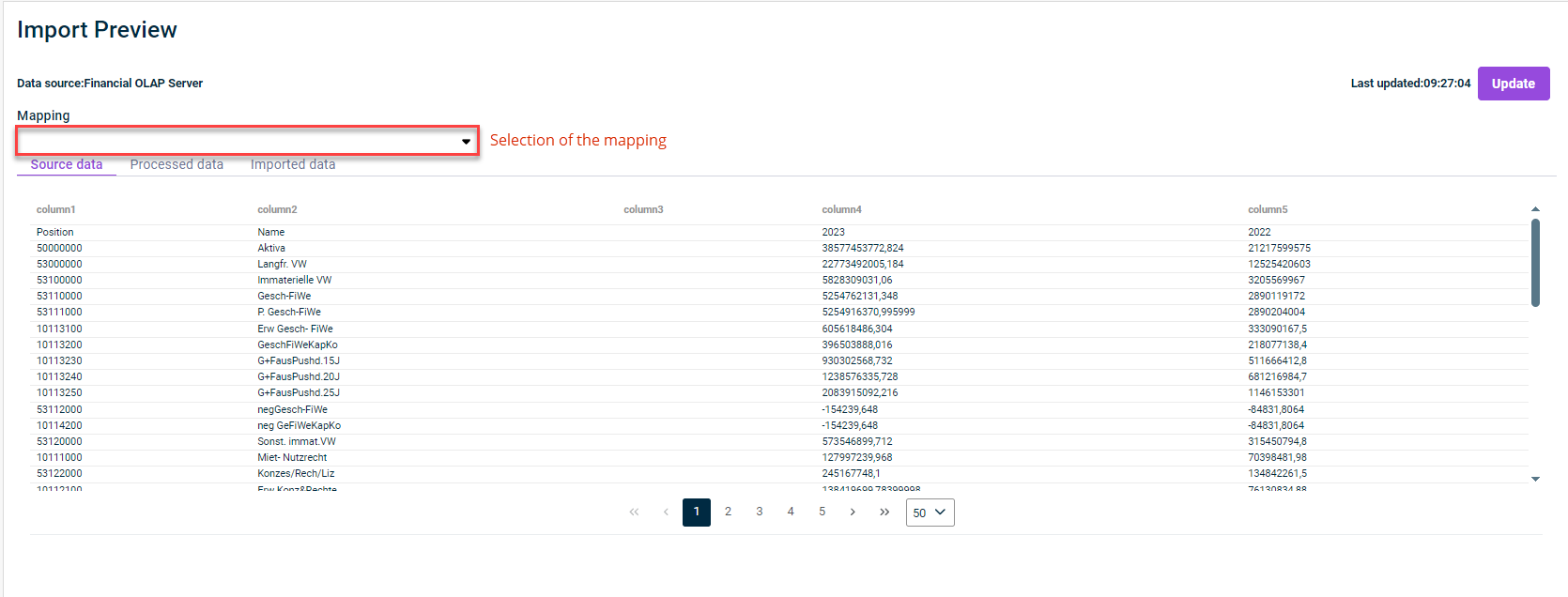 Shows the 'Import Preview' window in Disclosure Management for the data source 'Financial OLAP Server' with the tabs 'Source data', 'Processed data' and 'Imported data', the time 'Last updated' and the 'Update' button. Highlighted in red is the drop-down list 'Mapping' with the annotation 'Selection of the mapping'.