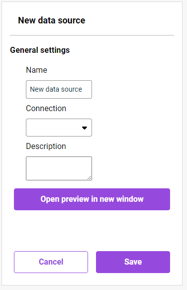 Shows the general settings of a new data source in Disclosure Management with the fields 'Name', 'Connection' and 'Description', the 'Open preview in new window' button, and the 'Cancel' and 'Save' buttons.