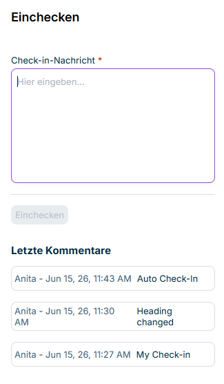 Das Aufgabenfenster 'Einchecken' mit dem Eingabefeld 'Check-in-Nachricht'.