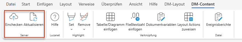 Die Schaltflächen zum Einchecken und Aktualisieren im Word-Ribbon auf dem Reiter 'DM-Content'.